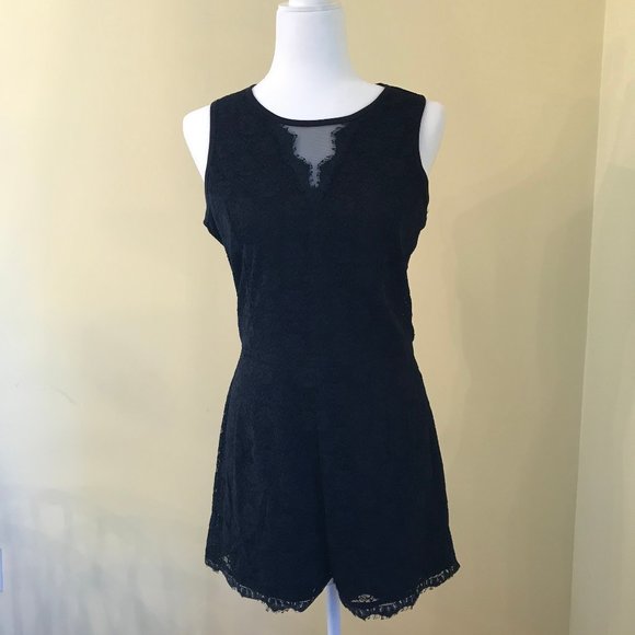 bebe Pants - Bebe Lace Romper with Front Mesh Accent
